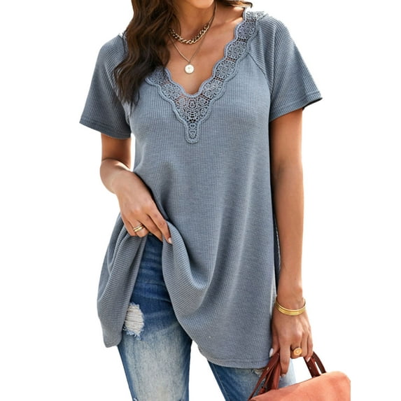 HUBERY Women Solid Color Lace Crochet Spliced V Neck Short Sleeve Top