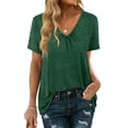 thumbnail image 1 of HUBERY Women Solid Color Pleated V Neck Short Sleeve Pullover Plain Top, 1 of 4