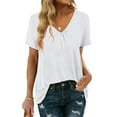 thumbnail image 1 of HUBERY Women Solid Color Pleated V Neck Short Sleeve Pullover Plain Top, 1 of 4