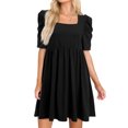 thumbnail image 1 of HUBERY Women Square Neck Puff Short Sleeve Pleated Pocket Solid Color Midi Dress, 1 of 6
