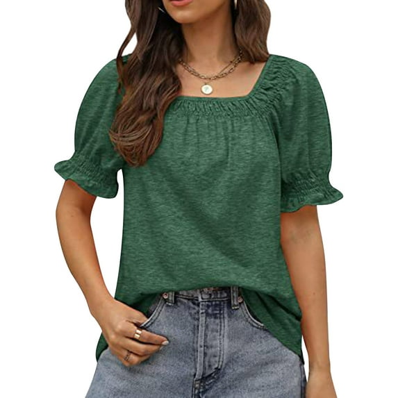 HUBERY Women Square Neck Ruffled Backless Puff Short Sleeve Solid Color Top