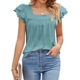 thumbnail image 1 of HUBERY Women Square Neck Tiered Ruffle Sleeves Ruched Solid Color Top, 1 of 5