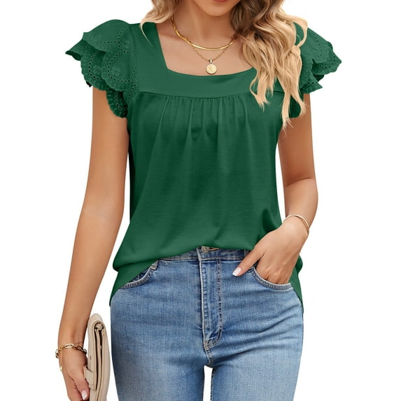 HUBERY Women Square Neck Tiered Ruffle Sleeves Ruched Solid Color Top