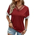 thumbnail image 1 of HUBERY Women Strappy V Neck Lace Patchwork Short Sleeve Solid Color Top, 1 of 5
