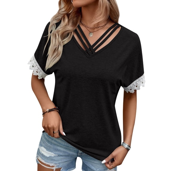 HUBERY Women Strappy V Neck Lace Patchwork Short Sleeve Solid Color Top