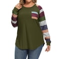 thumbnail image 1 of HUBERY Women Stripe Colorblock Pocket Crew Neck Long Sleeve Curved Hem Top, 1 of 5