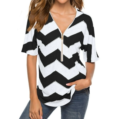 Hibeli Women Stripes Print Zip Up V Neck Short Batwing Sleeves Summer Tunic Top