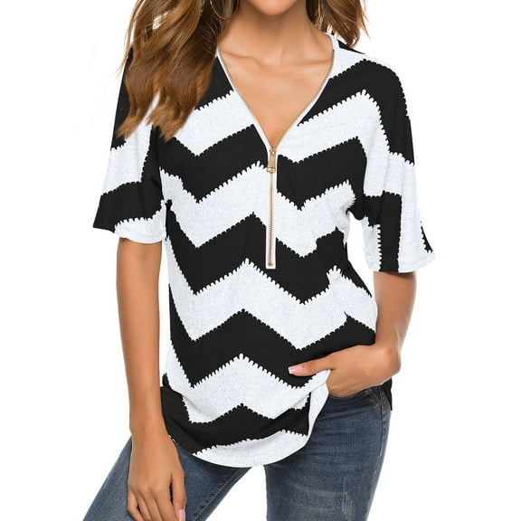 Hibeli Women Stripes Print Zip Up V Neck Short Batwing Sleeves Summer Tunic Top