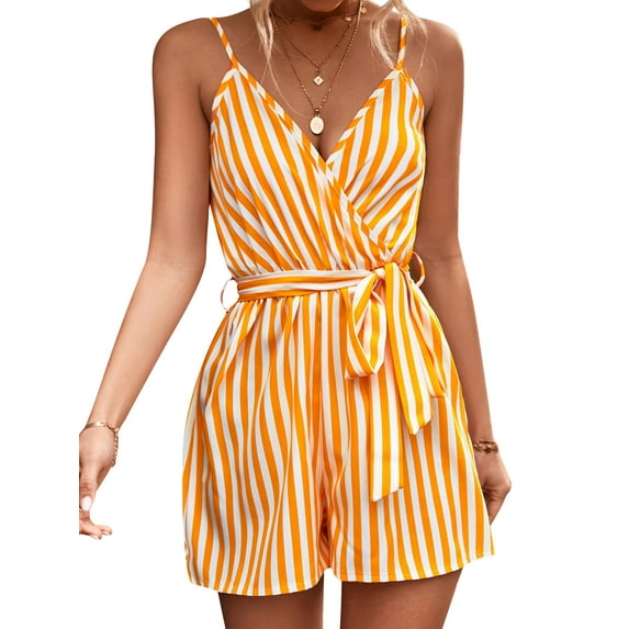 HUBERY Women Striped Colorblock Sleeveless V Neck Open Back Short Jumpsuit
