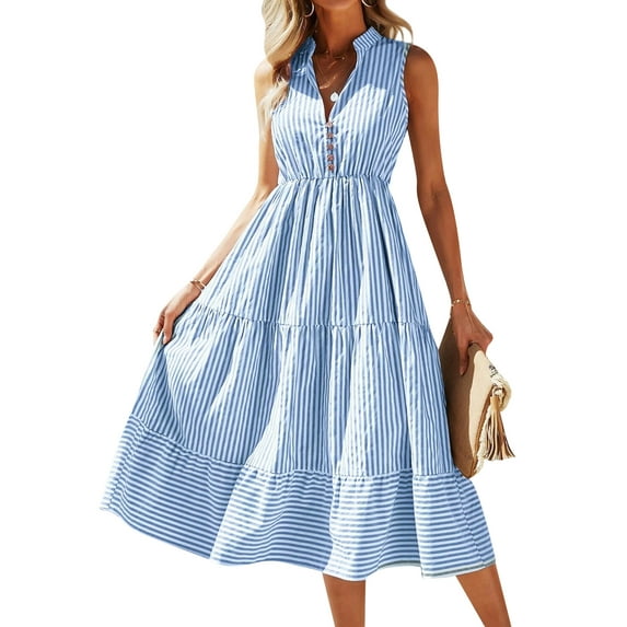 HUBERY Women Striped Print V Neck Sleeveless Buttons Tiered Flowy Dress