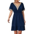thumbnail image 1 of HUBERY Women Swiss Dot Lace Trim V Neck Short Sleeve Ruffle Hem Mini Dress, 1 of 7
