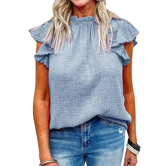 HUBERY Women Textured Ruffle Mock Neck Flutter Sleeve Solid Color Pullover Top