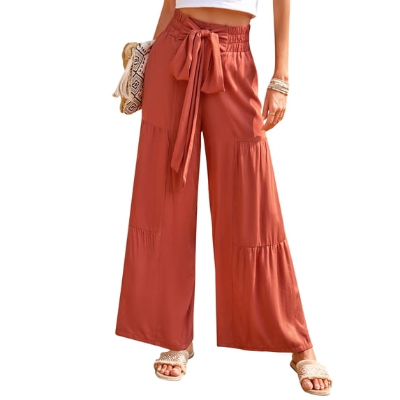 HUBERY Women Tie Front High Waisted Smocked Wide Leg Tiered Solid Color Pant