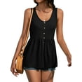 thumbnail image 1 of HUBERY Women U Neck Sleeveless Solid Color Button Decor Pleated Tunic Tank Top, 1 of 6