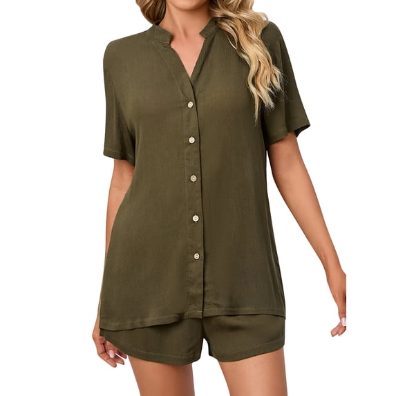 HUBERY Women V Neck Button Up Short Sleeve Pocket Solid Color Sleepwear Set