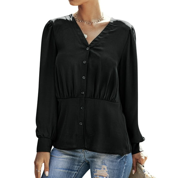 HUBERY Women V Neck Buttons Long Sleeve Blouse