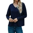 thumbnail image 1 of HUBERY Women V Neck Buttons Spliced Long Sleeve Solid Color Pullover Top, 1 of 7