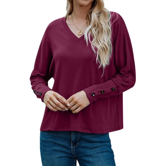 HUBERY Women V Neck Buttons Spliced Long Sleeve Solid Color Pullover Top