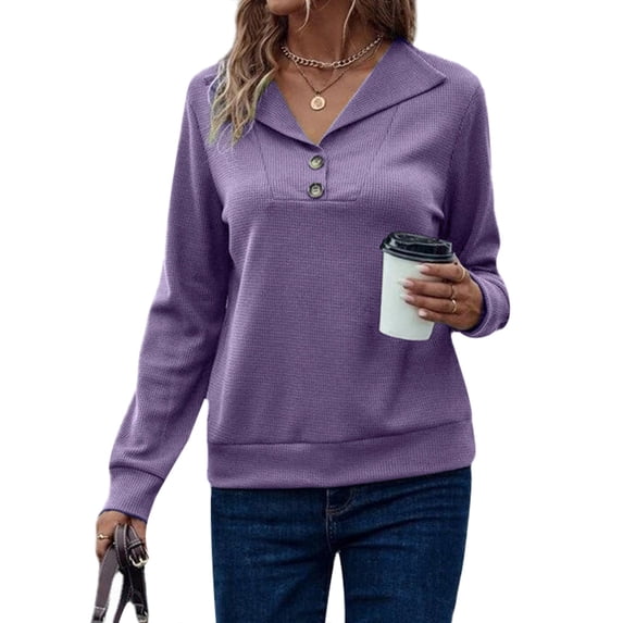 HUBERY Women Waffle Button Up Lapel Collar Long Sleeve Solid Color Pullover Top