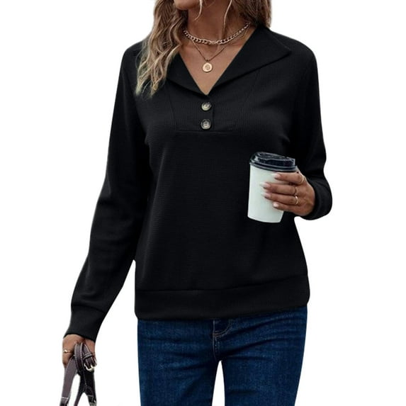 HUBERY Women Waffle Button Up Lapel Collar Long Sleeve Solid Color Pullover Top