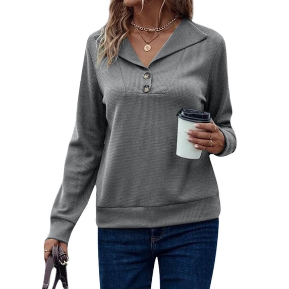 HUBERY Women Waffle Button Up Lapel Collar Long Sleeve Solid Color Pullover Top