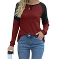 thumbnail image 1 of HUBERY Women Waffle Color Block Spliced Crew Neck Raglan Long Sleeve Top, 1 of 6