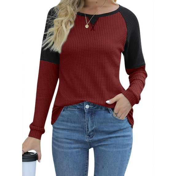 HUBERY Women Waffle Color Block Spliced Crew Neck Raglan Long Sleeve Top