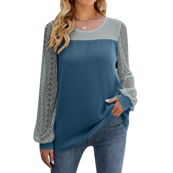 HUBERY Women Waffle Crew Neck Color Block Spliced Lace Long Sleeve Pullover Top