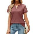 thumbnail image 1 of HUBERY Women Waffle Notch V Neck Lace Spliced Raglan Short Sleeve Solid Color Top, 1 of 7