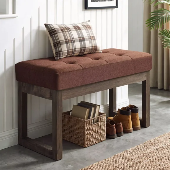 HASLE Upholstered Ottoman Bench 27" Small Entryway Living Room Footrest, Dark Brown | Tufted Padded Bench, Durable Linen, Sturdy Wood Frame, Thickened Cushion, Compact Size, Quick Assembly, 7 Colors