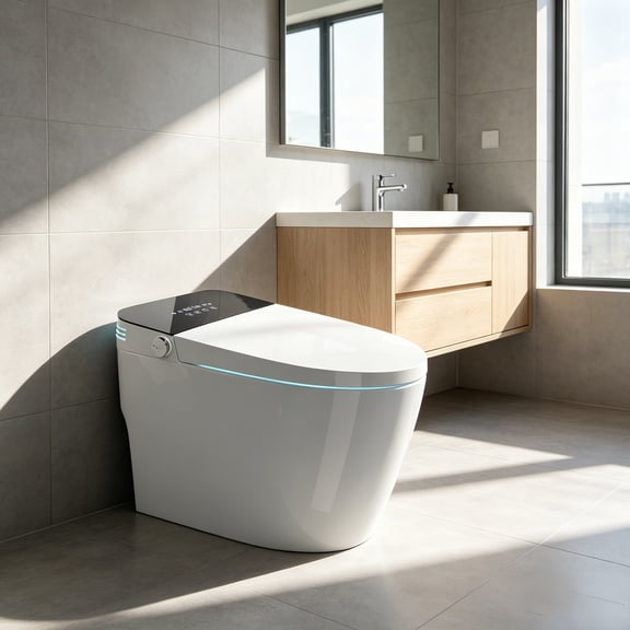 HUCIJYO Tankless OnePiece Smart Toilet, BuiltIn Bidet, Auto Flush, Adjustable Temperature Heated Seat, Warm Water Wash, Air Dryer, Remote & Side Control Knob