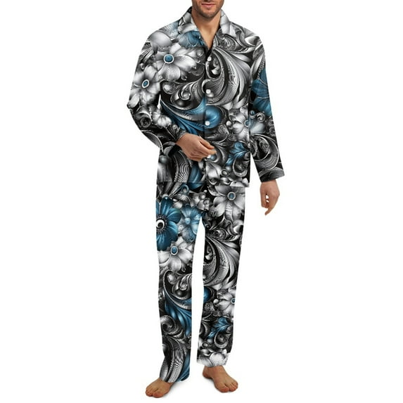 Xixirimido Ethnic Tribe Floral Print Mens Pajamas Set Soft Notched Collar Pajamas for Men Long Sleeve Mens 2Piece Sleepwear with Pockets for Fall Winter, X-Large