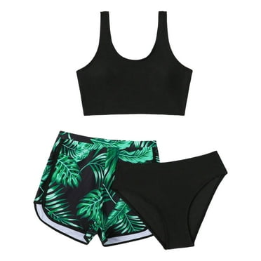 HUCOAE 3PCS Bathing Suits For Teens 3 Piece Swimsuit For Girls Girls Swimsuit 3 Piece Bathing Suit Criss Cross Bikini Set Girls' Swimwear With Shorts Green 11-12 Years