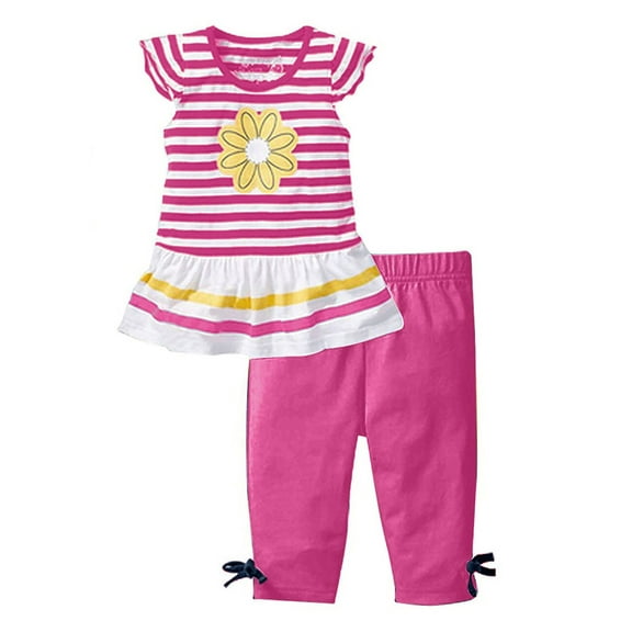 HUCOAE 5T Girls Clothes Toddler Girl T Shirts Baby Girls Summer Clothes Casual Clothing Suit Short Sleeve Striped T-Shirt +Pants 4-5 Years