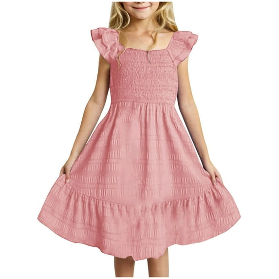 HUCOAE Girls Dresses Size 6 Girls Dresses Size 7 Tween Girls Elegant Ruffle Sleeve Dresses Smocked Flowy Dress Pink 9-10 Years