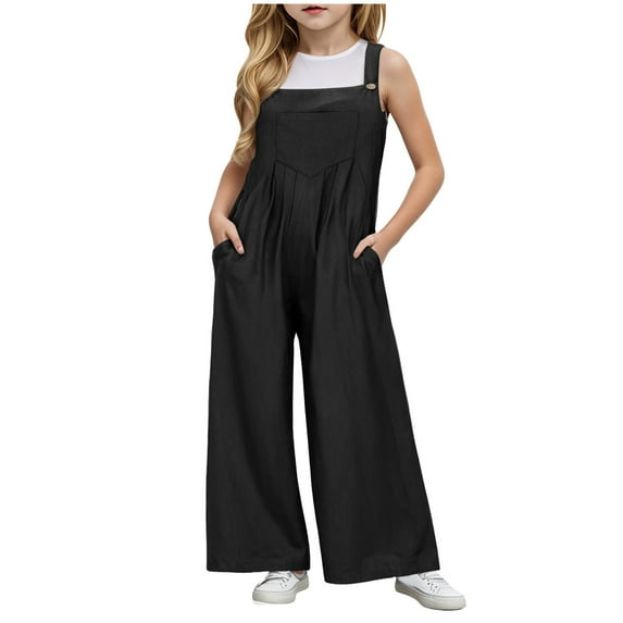 HUCOAE Girls Romper Kids Romper Girls Overalls Kids Casual Sleeveless Wide Leg Jumpsuit Loose Rompers With Pockets 7-8 Years Black