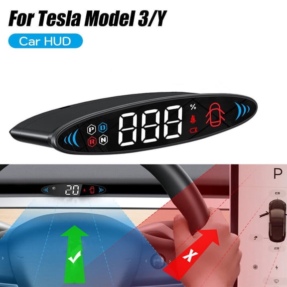 HUD Head Up Display for Tesla Model 3 Y 2019-2023, LCD Speedometer with Real-Time Data, OBD2 and Play, Anti-Fog Black