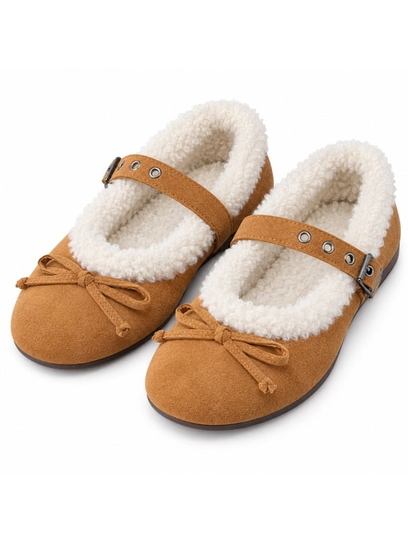 Ladies Tan Faux Suede Fleece Liner Mary Jane Flats, Bow Detail Adjustable Buckle Ballet Shoes Fall/Winter