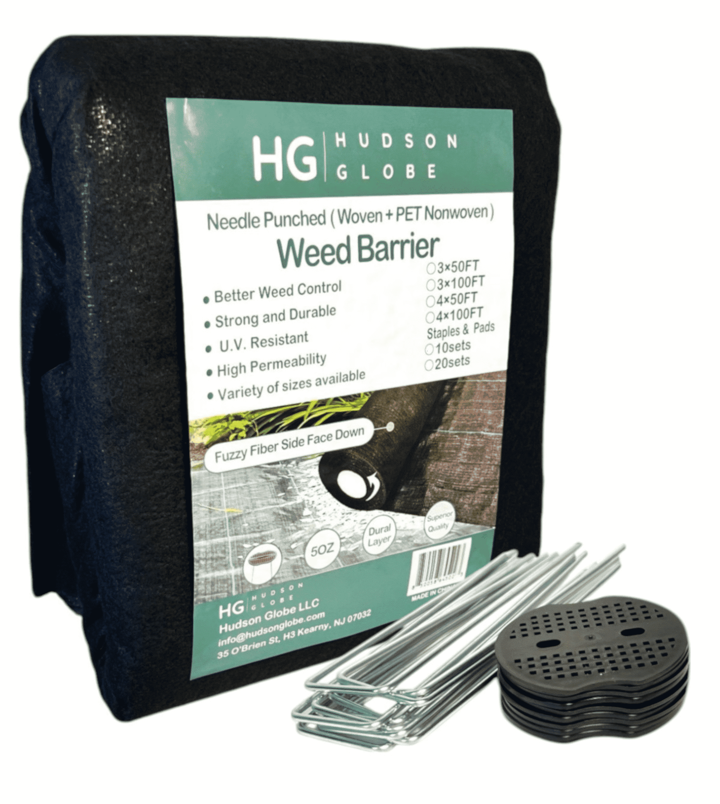 HUDSON GLOBE  3FTX 50 FT Premium 5 OZ Weed Barrier Landscape Fabric, Double Layer, Heavy Duty Weed Control Mat,  10 Set U-Staples & Plastic Peds FREE Included