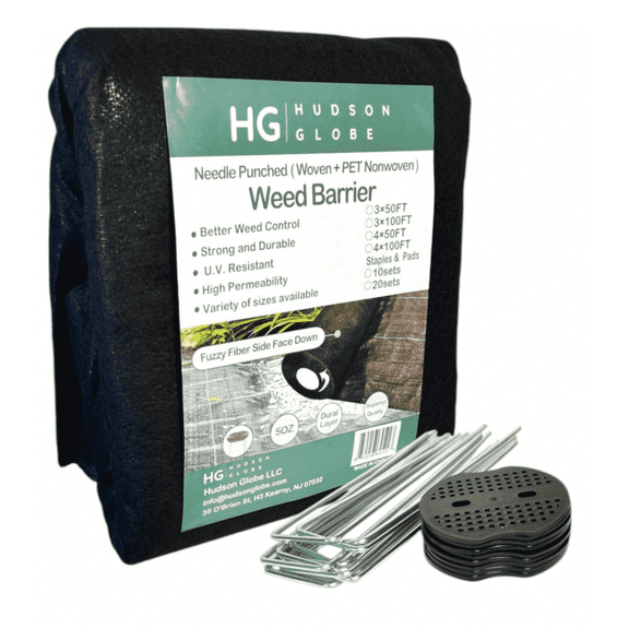 HUDSON GLOBE 3FTX 50 FT Premium 5 OZ Weed Barrier Landscape Fabric, Double Layer, Heavy Duty Weed Control Mat, 10 Set U-Staples & Plastic Peds FREE Included