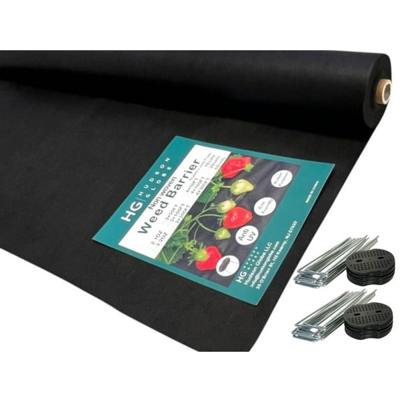 HUDSON GLOBE, 4FT x 100FT Spunbond Non-Woven Premium Garden Weed Barrier 2.1 OZ Landscape Fabric Durable & Heavy-Duty Weed Block, Easy Setsup Included ( 20 Sets U-Staples & Plastic Peds FREE )