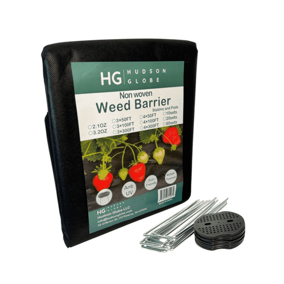 HUDSON GLOBE, Ultra Premium Non-Woven Weed Barrier, 3.2 OZ - 3FT X 50FT, Spunbond, Landscape Fabric, Heavy-Duty Weed Block, Ground Cover, 10 Sets Staples and Pads Included, User Manual Included