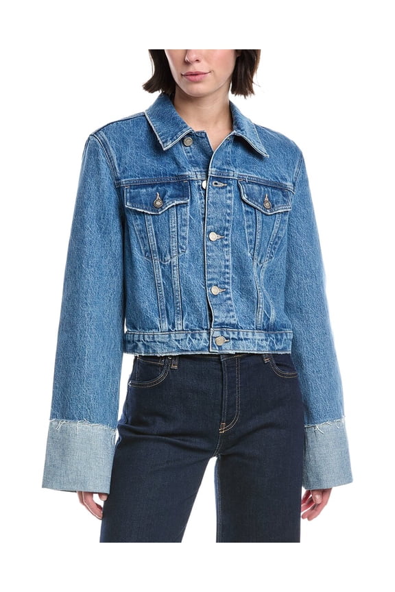 womens Cuffed Cropped Denim Jacket, s, Blue