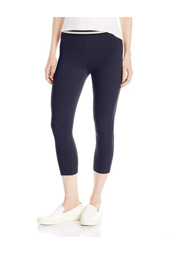 Women’s Striped Waistband Cotton Capri Ponte Leggings, Navy, XS