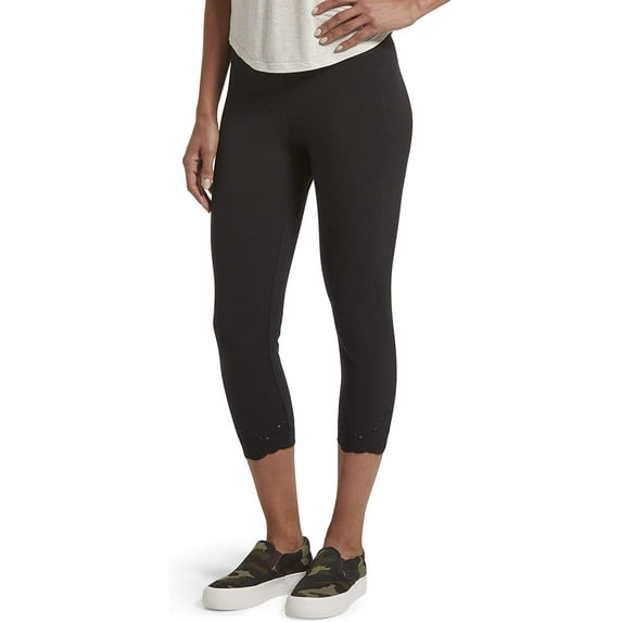 HUE Womens Embroidered Eyelet Hem Cotton Capri Leggings X-Small Black - Embroidered Eyelet