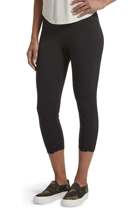 Womens Embroidered Eyelet Hem Cotton Capri Leggings X-Small Black - Embroidered Eyelet