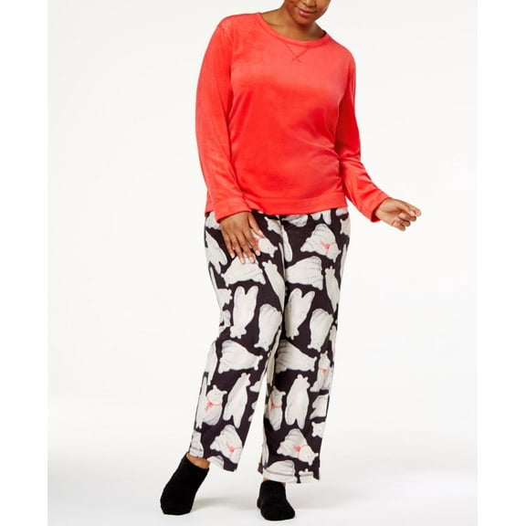 HUE Womens Plus Sueded Fleece Top And Printed Pants With Socks 3 Piece Pajama Set,Lollipop,2X