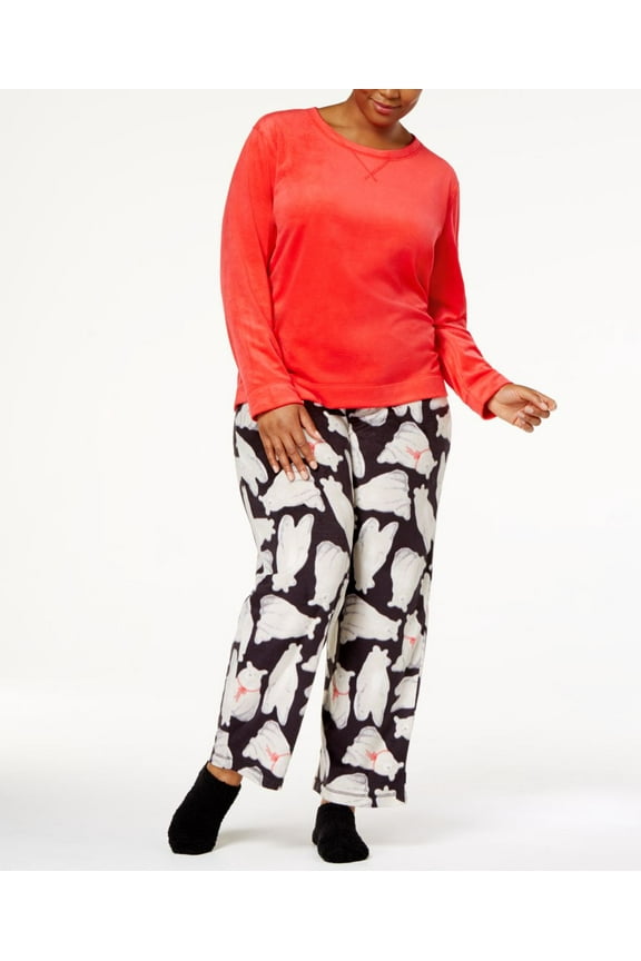 Womens Plus Sueded Fleece Top And Printed Pants With Socks 3 Piece Pajama Set,Lollipop,2X