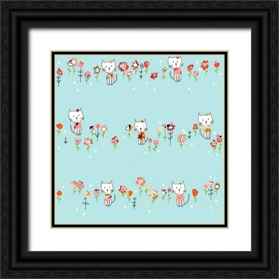 HUE and MI and Sangita 20x20 Black Ornate Wood Framed with Double Matting Museum Art Print Titled - White Cat In Flowers