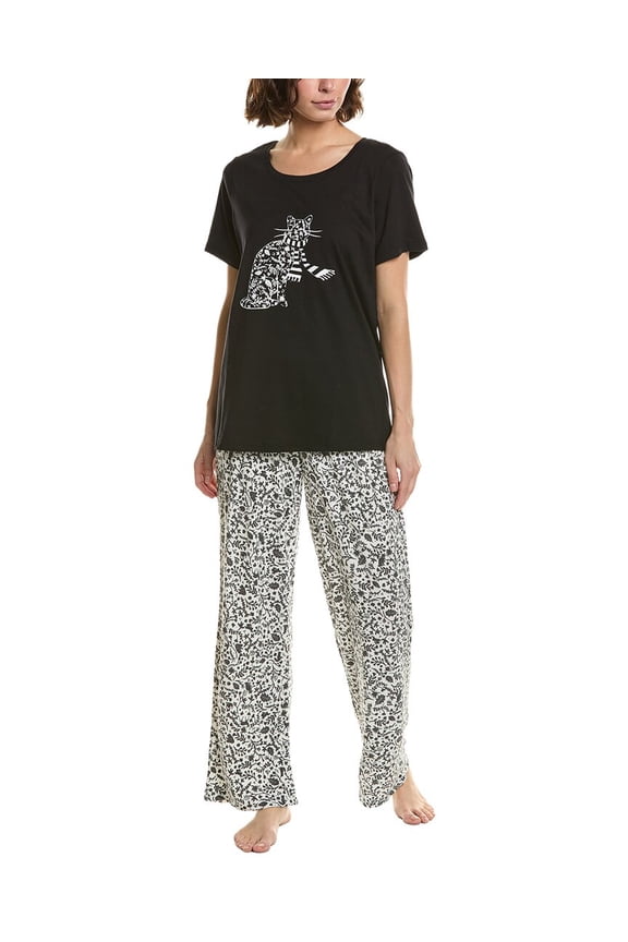 womens 2pc Embellished Pajama Set, m, Black